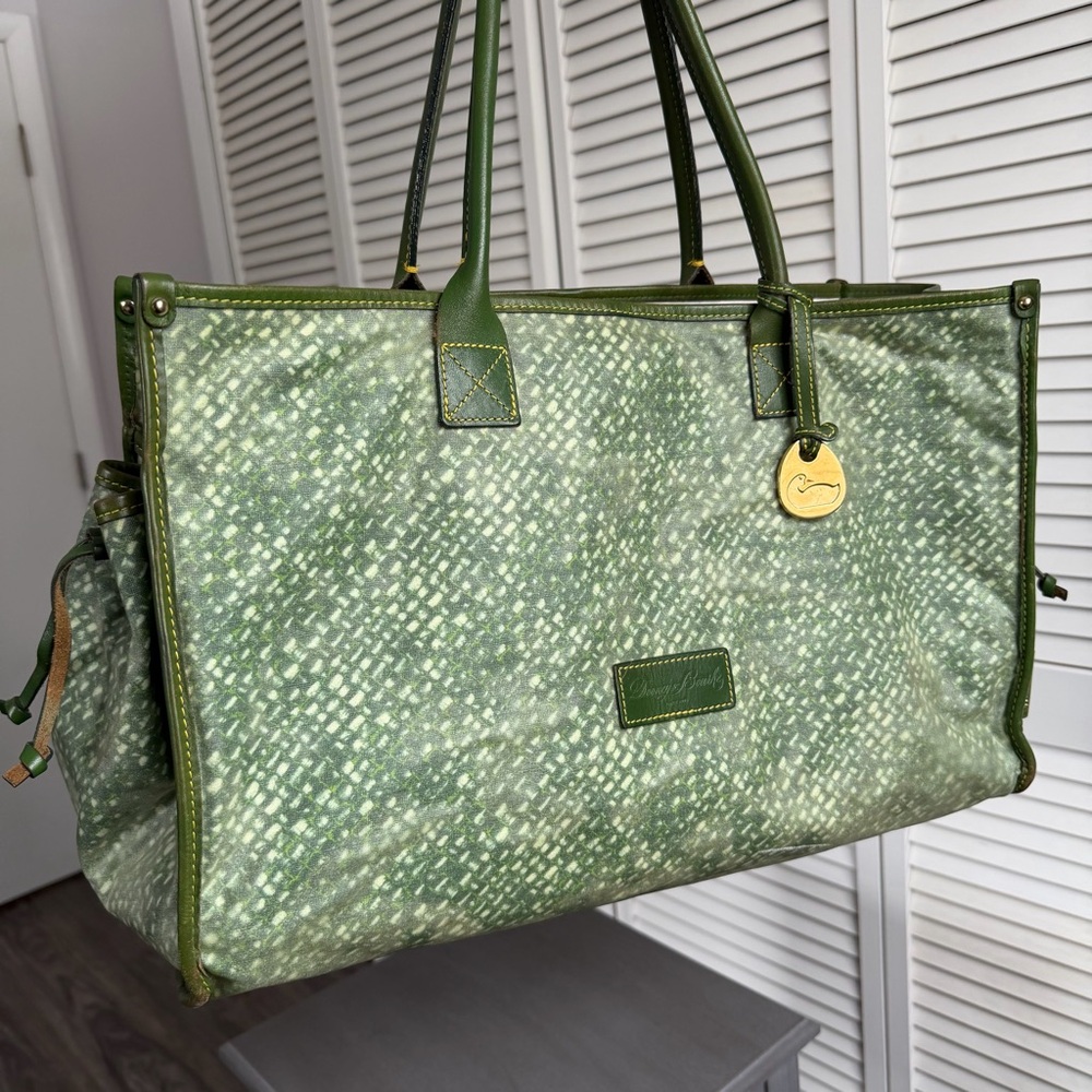 Vintage Dooney & Bourke XL Tote Bag Green Leather Canvas Large Shopper - Picture 8 of 16